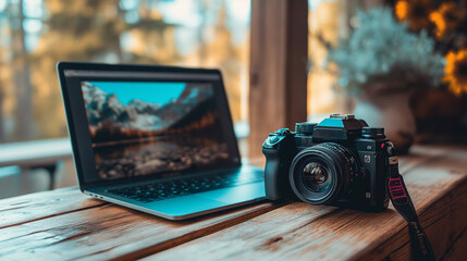 Poster - a modern digital photography camera with a laptop on the table, professional photography or videography business