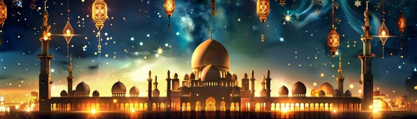 Wall Mural - Ramadan Kareem card, elegant mosque with festive lanterns