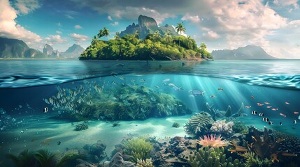 Wall Mural - Tropical Island and Underwater Scene
