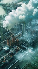 Wall Mural - Modern industrial area aerial view and cloud computing concept. Communication network. Industry 4.0. Factory automation.