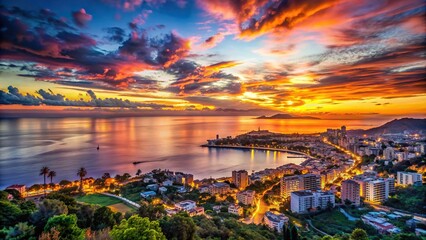 Wall Mural - Stunning sunset over a coastal city, with a beautiful blend of city lights and natural colors