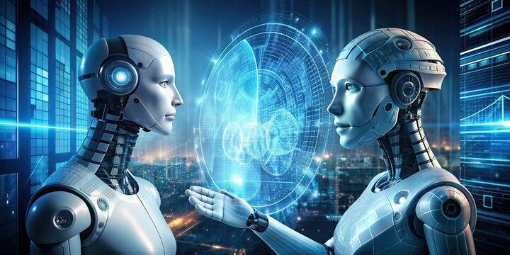 Two futuristic artificial intelligences engaged in a conversation through digital interfaces