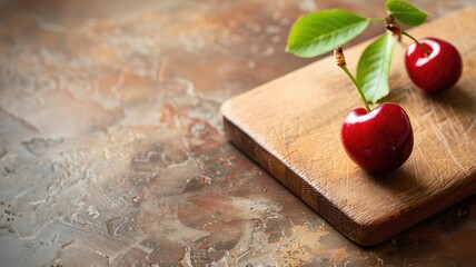 Two ripe cherries with leaves on wooden board, textured background