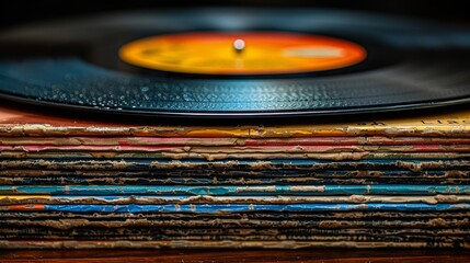 a stack of old records with a candle on top