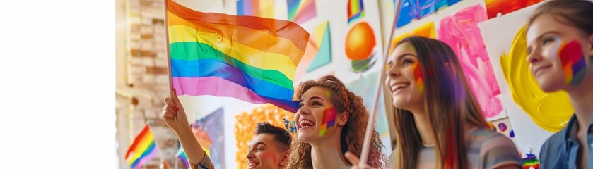 Diverse group celebrating pride with joy, rainbow flags, and face paint. Vibrant and inclusive LGBTQ+ community solidarity and happiness.