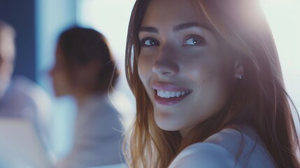 Portrait of a pretty young businesswoman smiling during a meeting in an office with her colleagues in background Business woman team leader concept Businesswoman using digital tablet : Generative AI