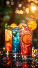 Wall Mural - a close up of three glasses of different colored drinks