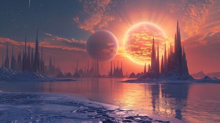 Wall Mural - A fantasy view of a planet with a moon and a lake in the center.