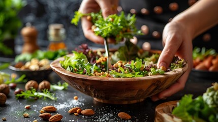 Wall Mural - Fresh green salad preparation with various vegetables, nuts and dressing in a wooden bowl on a dark background. Healthy eating concept.