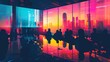 © djmaxx24 - A vibrant and colorful abstract illustration of an office training room with silhouettes of people in business attire watching a presentation on large screens.