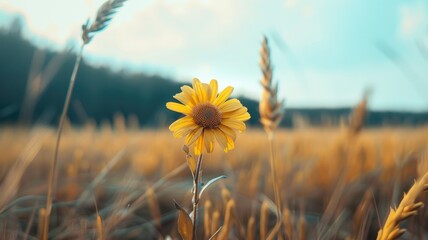 Wall Mural - yellow flower in golden wheat field under blue sky