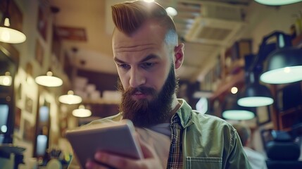 Keeping business on top with digital technologies Cheerful young bearded man looking at camera and holding digital tablet while standing at barbershop : Generative AI