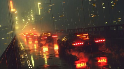 Wall Mural - a rainy night with traffic on a bridge and lights on