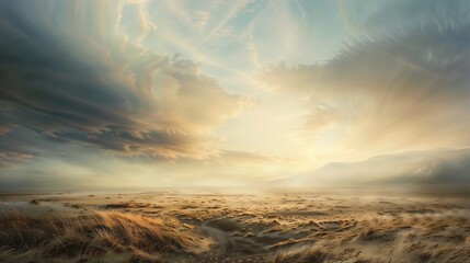 Sticker - A stunning sunrise casts warm light over a tranquil desert, with dynamic clouds painting the sky