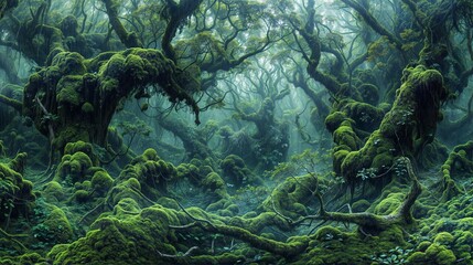 Wall Mural - Dense forest filled with twisted, moss-covered trees, bathed in early morning mist creating a mystical atmosphere