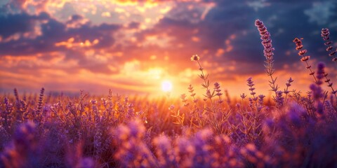 Wall Mural - The sun sets over a vibrant field of blooming flowers, casting a warm glow on the petals