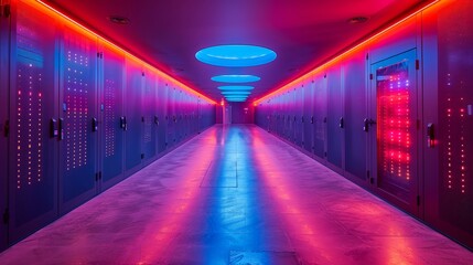 Wall Mural - a long hallway with a bunch of lockers and neon lights