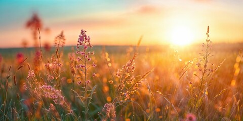 Wall Mural - The sun sets in the background, casting a warm glow over a vast field of grass