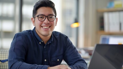 Portrait of young successful hispanic businessman inside office man smiling and looking at camera paper worker happy with achievement results sitting at workplace with laptop : Generative AI