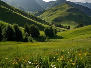 Mountain with lush meadows and wildflowers in full bloom, rolling green hills, vibrant and alive, summer bliss, generative AI