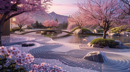 Wall Mural - A serene and detailed depiction of a Japanese Zen garden at dusk, featuring meticulously raked sand, an arrangement of stones symbolizing mountains, and a small, gracefully arching wooden bridge over 