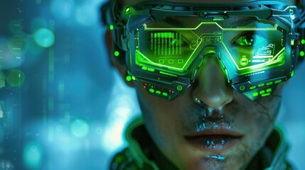 Futuristic man cyberpunk warrior in green glasses on blue digital background