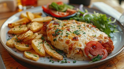 Wall Mural - Delicious Chicken Schnitzel Parmigiana on White Plate with Melted Cheese, Chips, and Salad