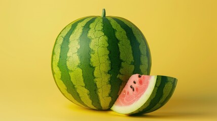 Wall Mural - Whole watermelon with sliced piece showcasing juicy red flesh and seeds, set against yellow background