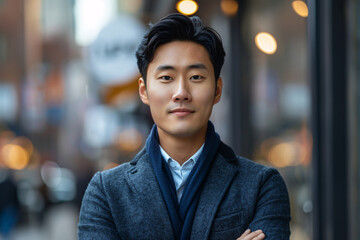 Canvas Print - Elegant Young Asian Man in a Grey Coat and Scarf Standing on a Busy City Street with a Confident Expression