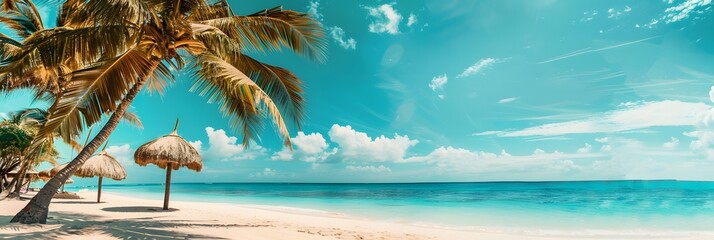 Wall Mural - Summer background with frame, nature of tropical golden beach with rays of sun light and leaf palm. Golden sand beach close-up, sea water, blue sky, white clouds. Copy space, summer vacation concept.