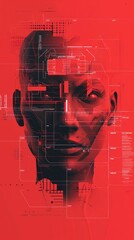 Poster - Digital face with technological patterns and data visualization on red background. Represents biometric authentication, cyber security, and face recognition.