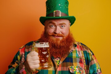 Bearded man in green hat enjoying a glass of beer on vibrant orange background for travel and leisure concept