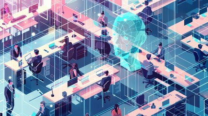 Poster - Futuristic office environment with employees working amidst holographic digital interfaces and an AI head projection. Emphasizing surveillance and workplace technologies.