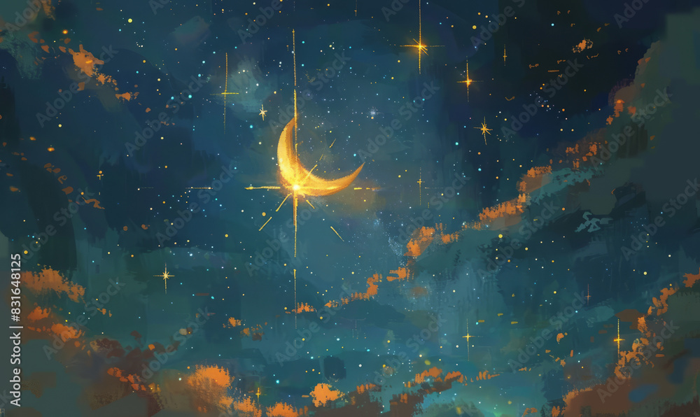 Bright Crescent Moon in Starry Night Sky with Clouds Stock Illustration ...