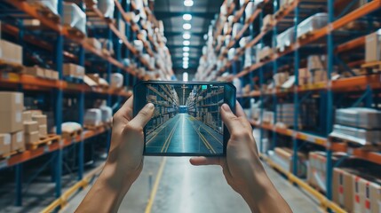 Canvas Print - Smart warehouse management system using augmented reality technology to identify package picking and delivery . Future concept of supply chain and logistic business 