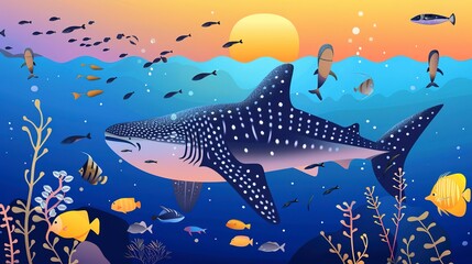 Poster - Whale shark and fish flat design side view, sunset, cartoon drawing, colored pastel 