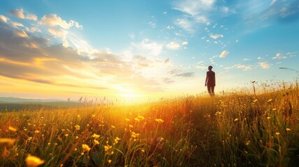 Wall Mural - Lone person walking in sunlit meadow under vibrant sunset sky