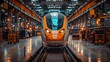 © Old Man Stocker - High-Speed Train in Modern Maintenance Facility. High-speed train inside a modern maintenance facility, showcasing advanced railway technology and infrastructure in a brightly lit environment.