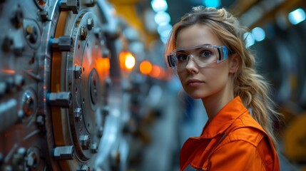 Wall Mural - Female Engineer Monitoring Tunnel Boring Machine. Female engineer wearing safety glasses and orange uniform monitors the operation of a large tunnel boring machine in an industrial setting.