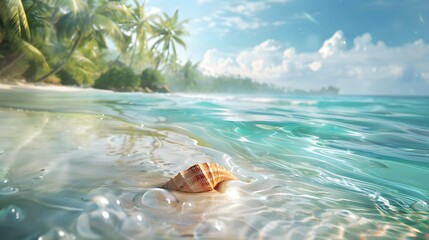 Landscape with shell on tropical beach. Summer concept. 