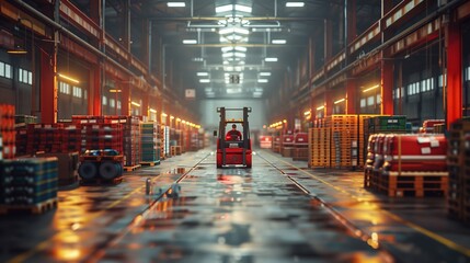 Poster - Forklift in a Busy Warehouse. Forklift operator navigating through a large warehouse filled with pallets and goods, highlighting industrial logistics operations.