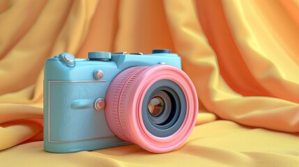 Wall Mural - A pink and blue camera on a yellow cloth background. Pastel colors. Pink, blue and orange pastels. Cute and soft. 3D rendering