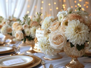 Wall Mural - A white and gold cake with party decorations that could be for a wedding reception or a fancy birthday party. 