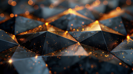 Poster - Geometric Abstract Background with Orange Sparks. Intricate geometric abstract background featuring dark pyramidal shapes and glowing orange sparks creating a dynamic, futuristic look.