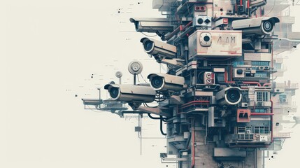 Poster - Surveillance cameras mounted on a futuristic building. Concept of surveillance, security, and modern technology.