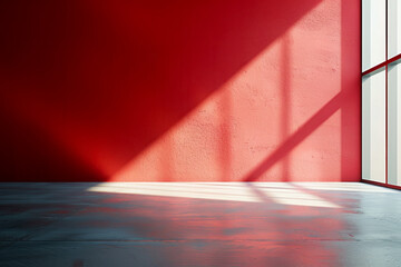 Poster - A red room with a window that is letting in sunlight. The room is empty and has a very simple design