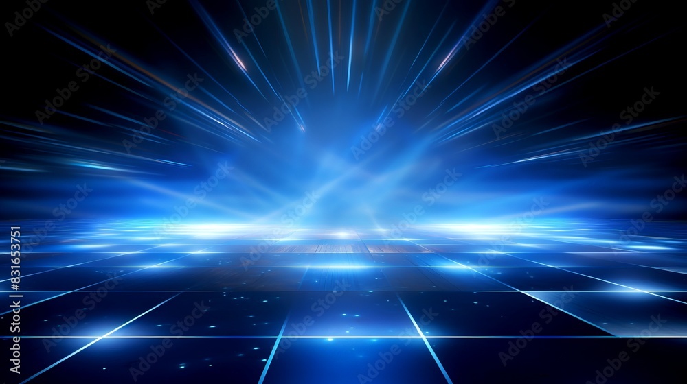 Futuristic blue digital landscape with glowing light beams and grid ...