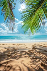 Wall Mural - Summer background with frame, nature of tropical golden beach with rays of sun light and leaf palm. Golden sand beach close-up, sea water, blue sky, white clouds. Copy space, summer vacation concept.