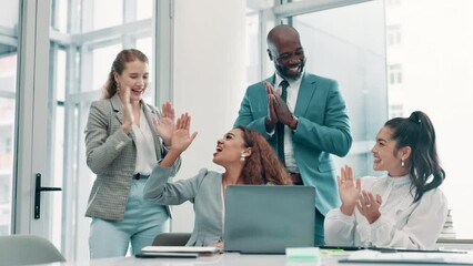 Poster - Applause, high five and laptop with business people meeting in boardroom of office for support or success. Collaboration, motivation and smile with colleague team in workplace for goals or target