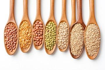 Wall Mural - Various legumes and grains in wooden spoons